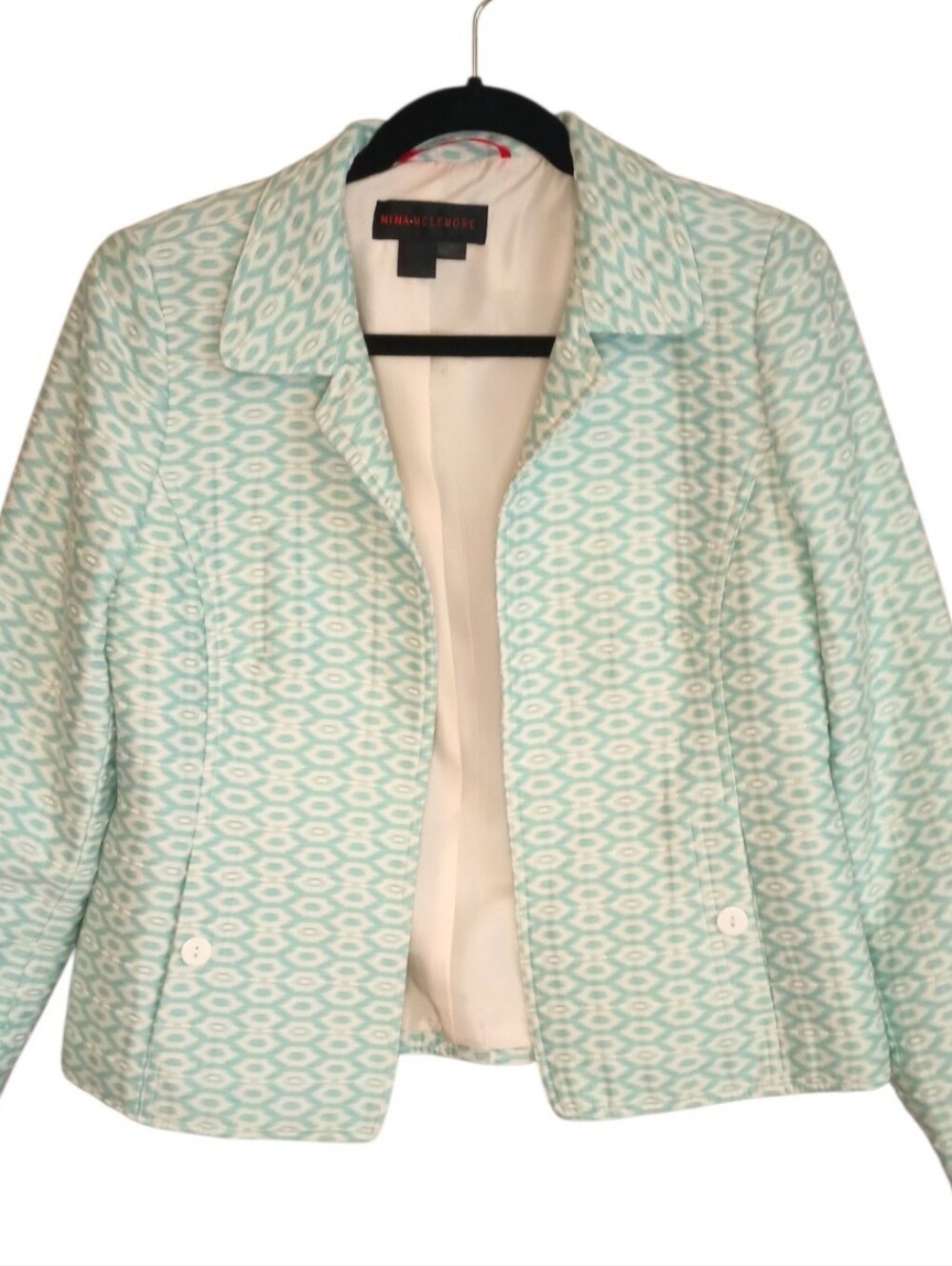 Nina Mclemore Light Blue Open Front Geometric Print Cotton Blazer Jacket Size 6